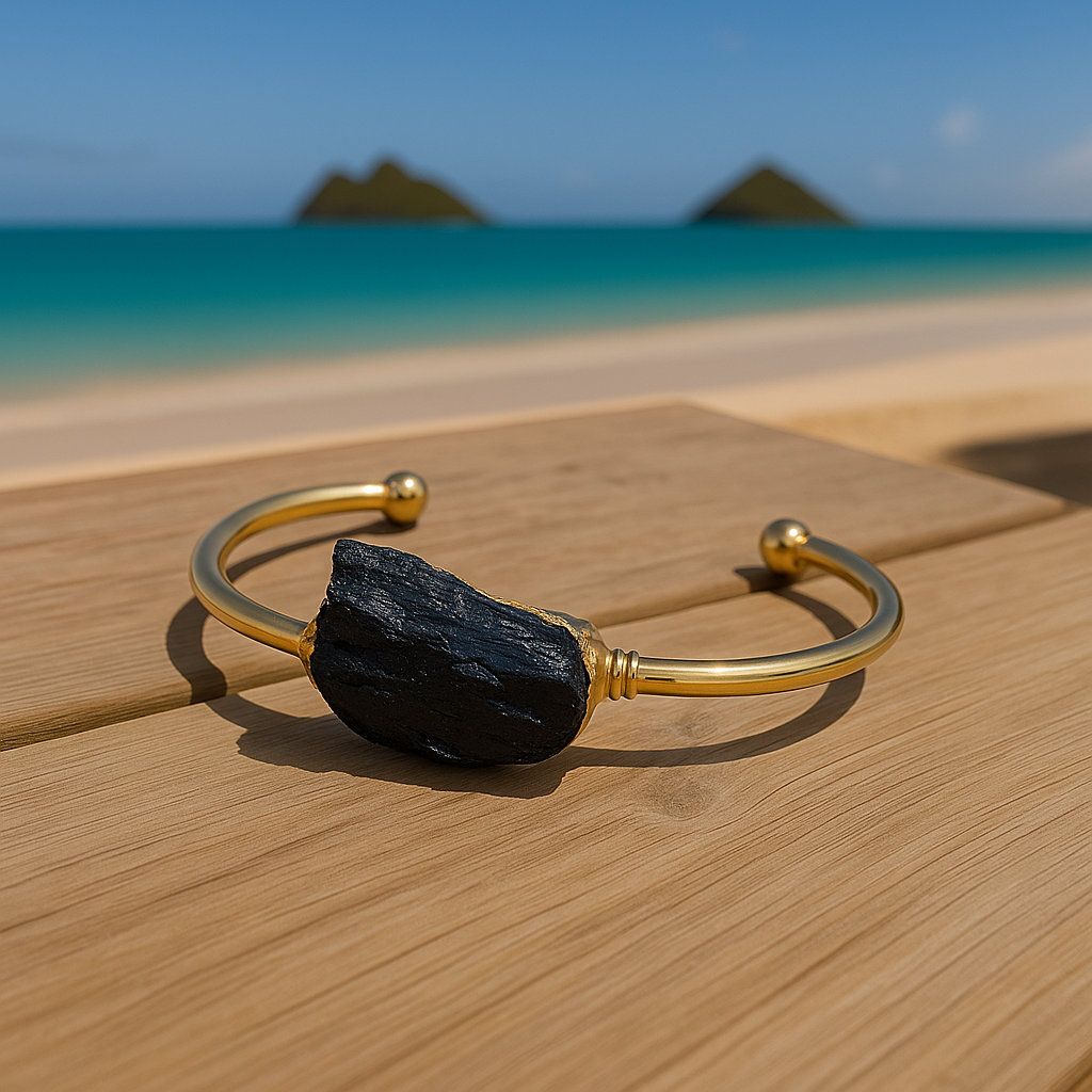 Black Tourmaline Flat Gemstone Gold Bangle Cuff Bracelet