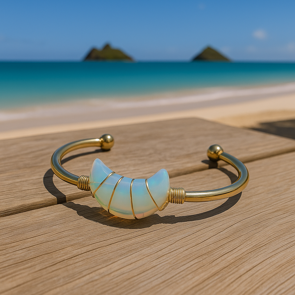 Opalite Moon Gemstone Gold Bangle Cuff Bracelet