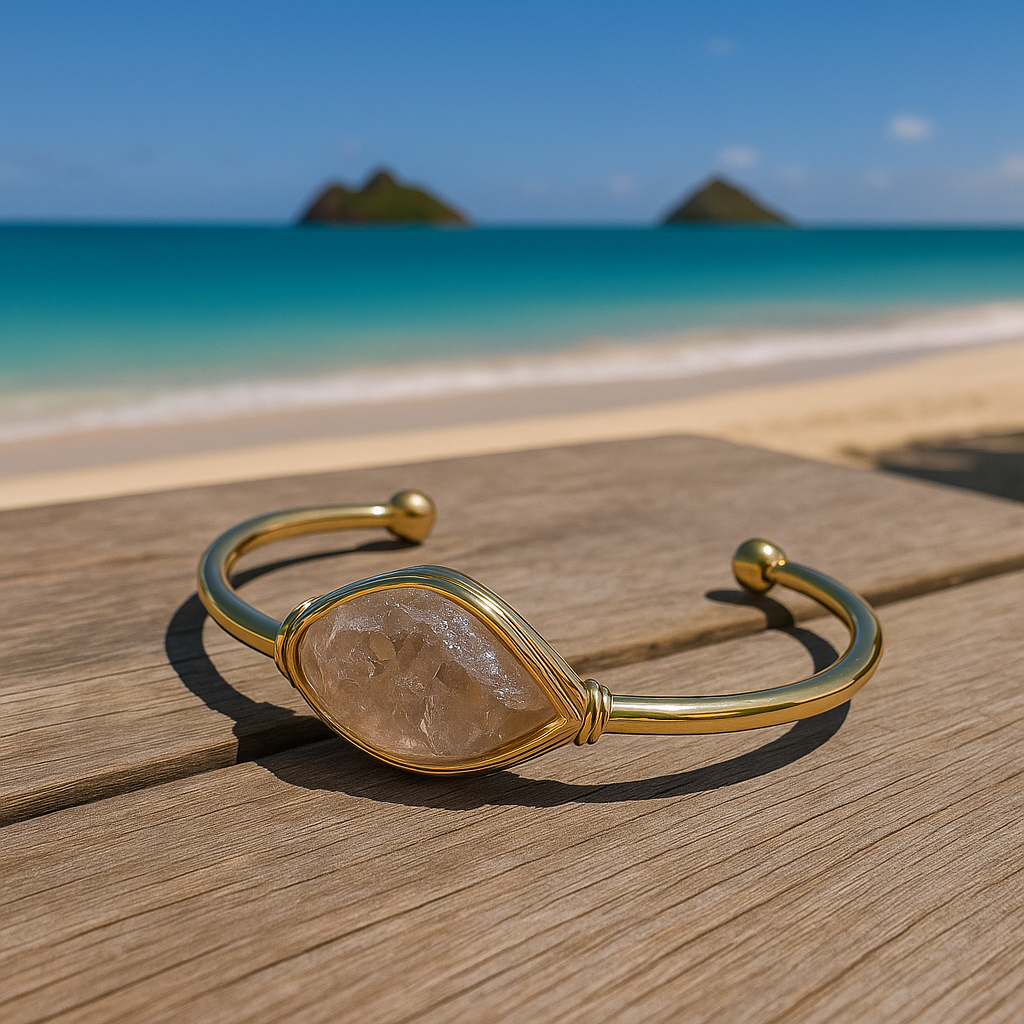 Smokey Quartz Gemstone Gold Bangle Cuff Bracelet