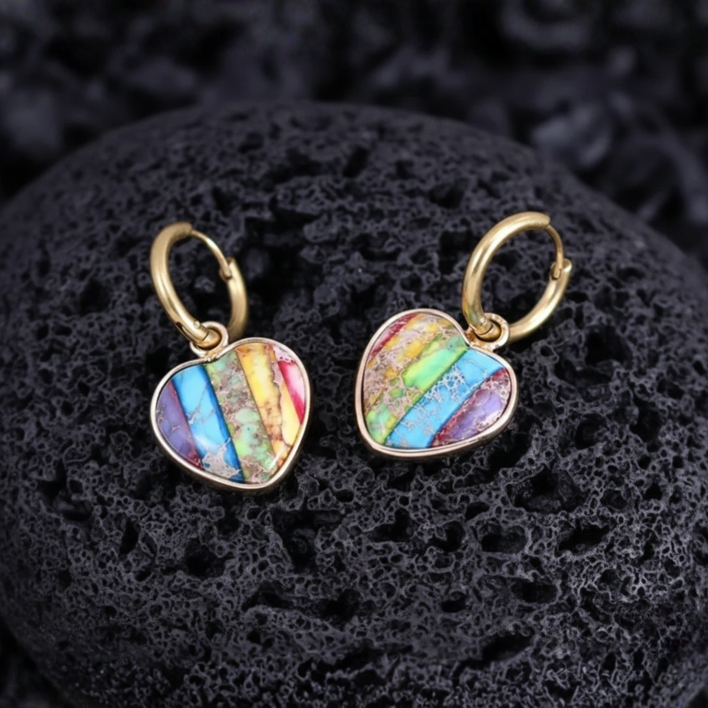 Rainbow Jasper Heart Hoop Earrings - TK Jewelry