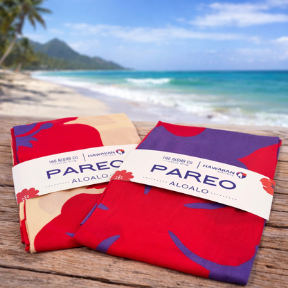 Aloalo Pareo Sarong Sand with Hawaiian Airlines - Tag Aloha