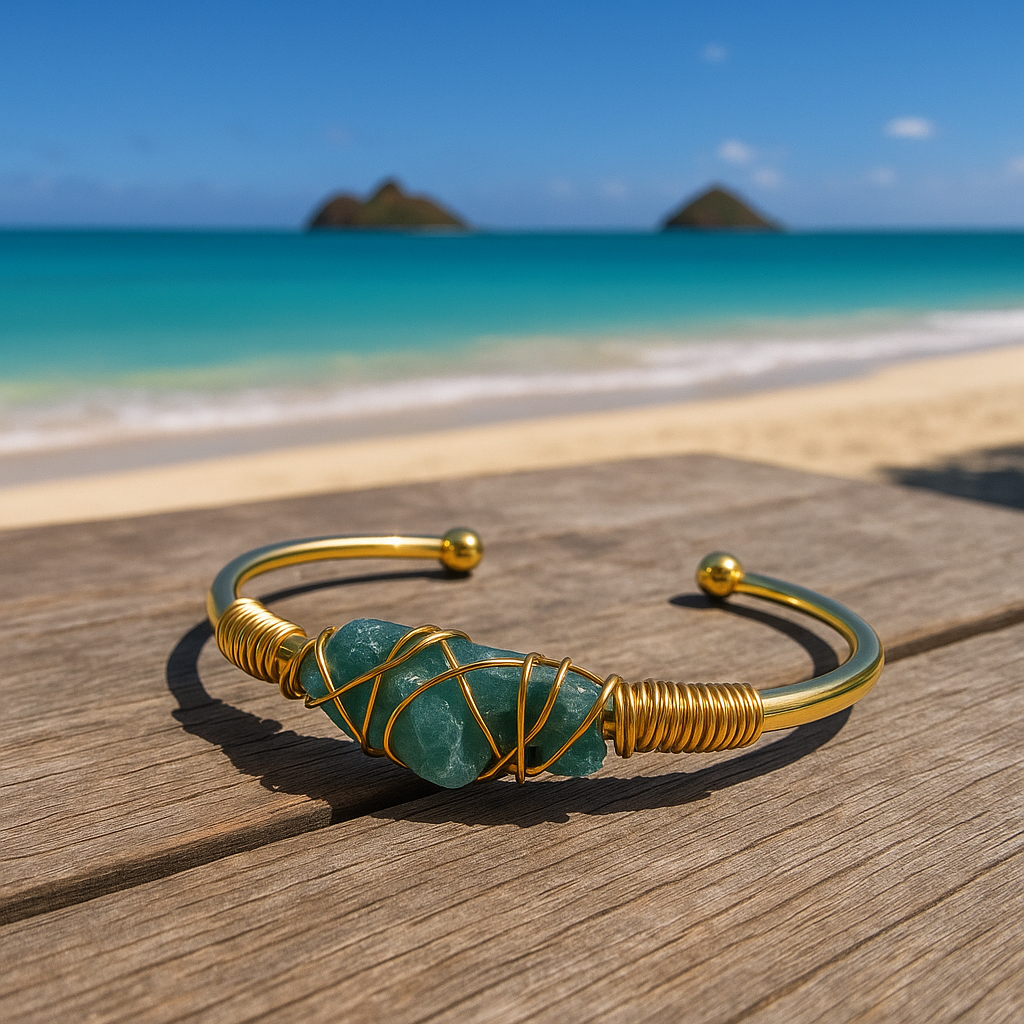 Blue Apatite Gold Bangle Cuff Bracelet ~ "Aura Clearing, Astral Travel, Mood Lifter"