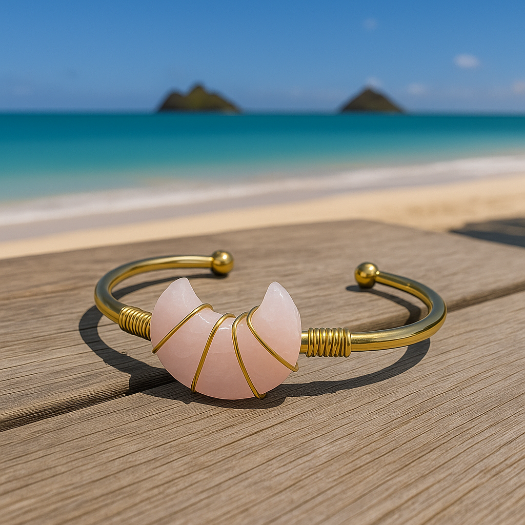 Rose Quartz Moon Gemstone Gold Bangle Cuff Bracelet