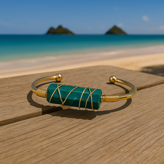 Malachite Gemstone Gold Bangle Cuff Bracelet "Manifestation