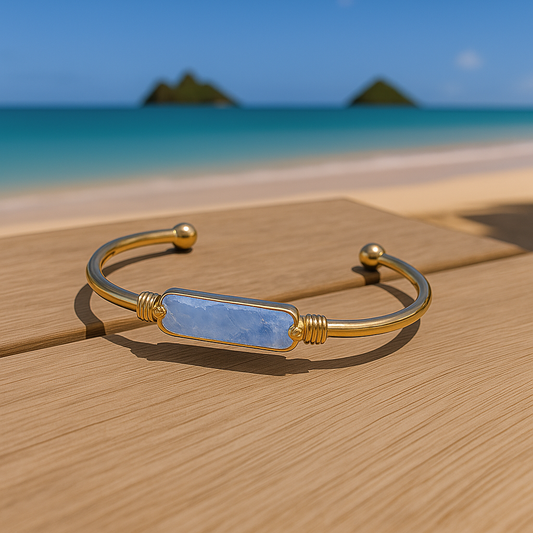 Kyanite Gemstone Gold Bar Bangle Cuff Bracelet