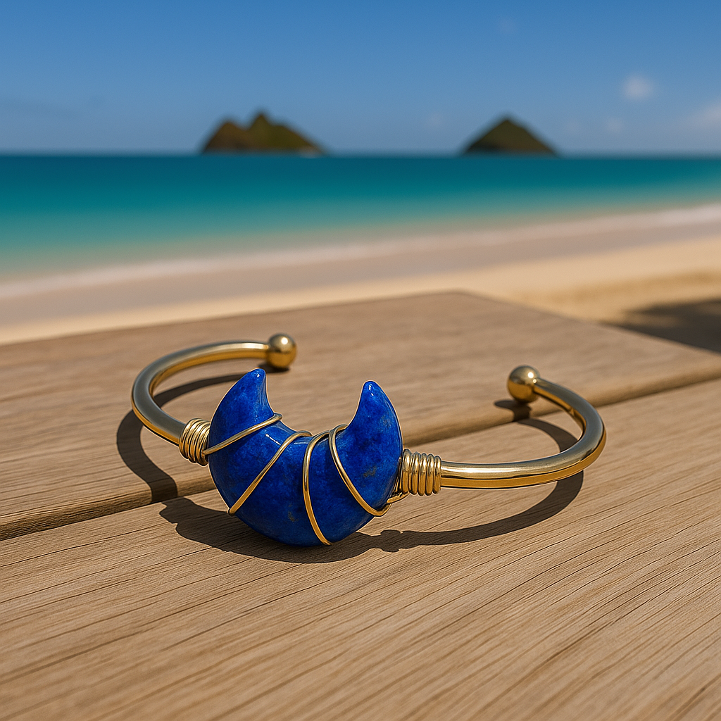Lapis Moon Gemstone Gold Bangle Cuff Bracelet