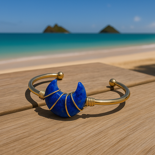 Lapis Moon Gemstone Gold Bangle Cuff Bracelet